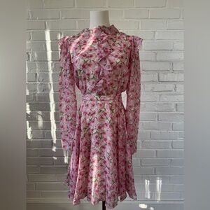 Giambattista Valli Paris Pink Floral Silk Ruffle Dress XS Made in Italy